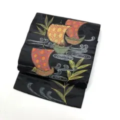 アンティーク帯 名古屋帯 手描き 船 流水 黒繻子 AO-3119