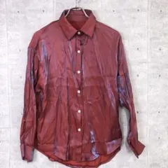 90's シック レトロ 古着 青み光沢 偏光 シャイニー ポリエステルシャツ