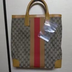 GUCCI GGキャンバス シェリーライン 縦長 トートバッグ レザー　ブラウン