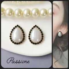 【一点物】パール調ドロップ×ブラックストーン ピアス/イヤリング