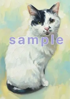 白黒猫の油絵風アート／A4マット紙・直筆サイン入り(額なし)