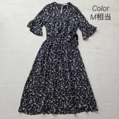 美品✨ カラー Color ロングワンピース 七分袖 花柄 M相当 黒×白