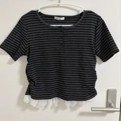 Lulu Amour ボーダー グレー系 ヘンリーネック 裾レースのサムネイル