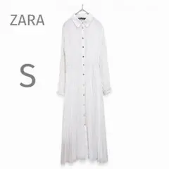 ザラ シャツワンピース 白 S ロング プリーツ 長袖 透け感 ウエストゴム 春
