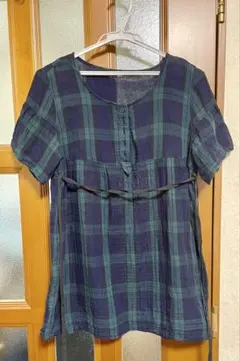 無印良品 チェック柄 半袖チュニック M-L ネイビーグリーンのサムネイル