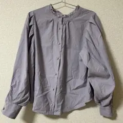 ラベンダー パープル 薄紫 長袖シャツ フリル襟 パール ブラウス レトロガール