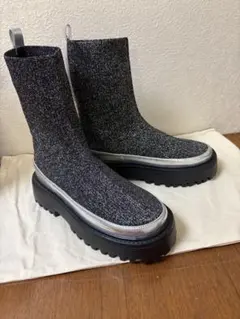 シルバーソックスブーツ ラメ入りニットブーツ　SY ストレッチブーツ　グレー
