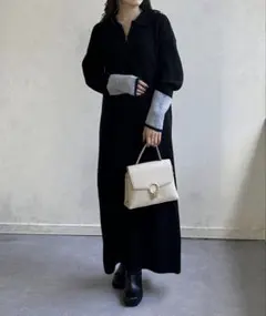 Thevon 袖先配色ハーフジップニットワンピース