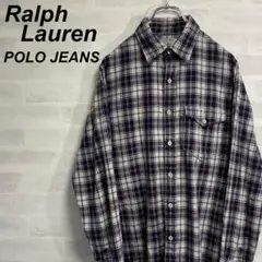 古着 ラルフローレン ポロジーンズ 長袖シャツ M チェック柄 星条旗ロゴ