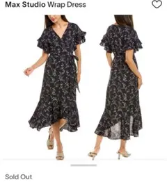 【美品】Max Studio ラップドレス 黒花柄 フリル袖