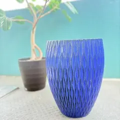 【おしゃれ】青い波状模様の陶器製植木鉢
