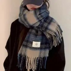 大判マフラー ショール【ブルー】チェック カシミア風　男女兼用　モフモフ　暖かい