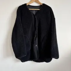 ボアジャケット 黒 ボタン付き ノーカラージャケット M