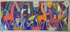 ●アフリカの絵画、ティンガティンガ、ワイド、ポップなキリン達、30×70cmのサムネイル