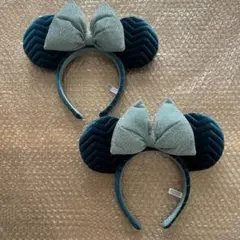 最終　ディズニー　カチューシャ　2個　ベロア　ブルー　ラメ　リボン　グリーン