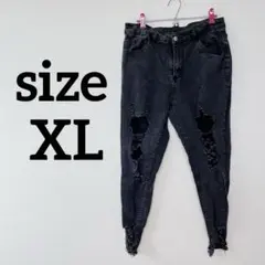 ダメージ加工黒スキニージーンズ【XL】　レディース ダメージ