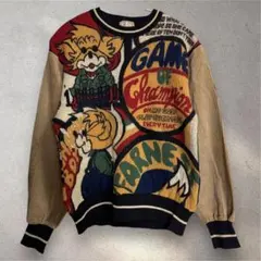 FARNESE ウールニット 異素材 袖コーデュロイ 派手 個性的 古着 総柄