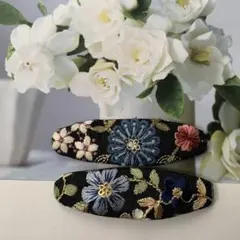 インド刺繍リボン　大きめオーバルパッチンピン　ブルーのお花2個セット