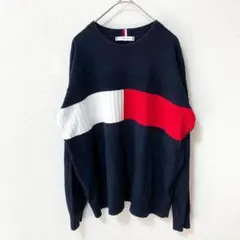 【トミーヒルフィガー】ロゴニットセーター コットン100% メンズ 紺色 長袖