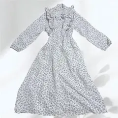 【美品】花柄　長袖　Aラインワンピース マキシ丈ウエストゴム　ホワイト　ボウタイ