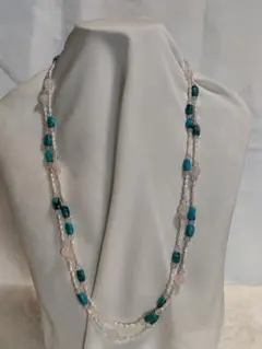 トルコ石とローズクォーツと淡水ケシパールの長ロングネックレス