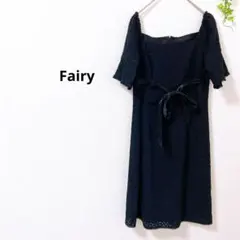 Fairy 美品　レース半袖ワンピース　膝丈　11AR 黒　ウエストリボン
