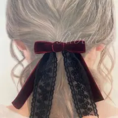 黒レース×ワインレッドベロア　太太　ポニーフック　ヘアカフ