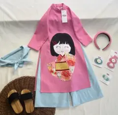 No.BB2509ハンドメイド 女の子リネンベトナムアオザイセット➖可愛いキルト