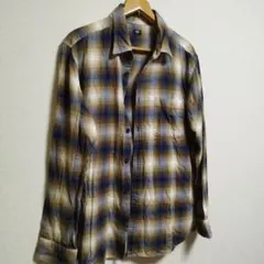 ユニクロ フランネル長袖シャツ 青茶チェック XLサイズ オンブレチェック