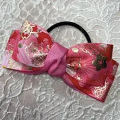 和柄ピンクリボンヘアゴム 約12cm