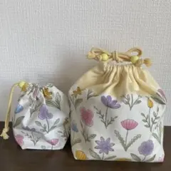 97.訳あり　レトロフラワー×イエロー【お弁当袋&コップ袋】ハンドメイド