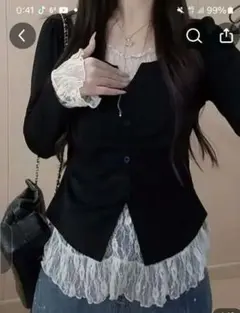 大きいサイズ (2XL)黒 レース付き長袖トップス