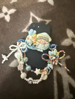 ハンドメイド スマホストラップ 背面デコ バッグ装着OK 落下防止ブルーNo.2