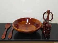 ガラスボウル ウッドスタンド サラダサーバー付き 手作り天然木製品