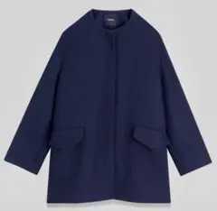 セオリー theory ノーカラーコート Aライン ウール100% ネイビー S