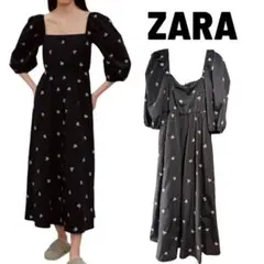 ZARA スクエアネック 花柄刺繍ロングワンピース