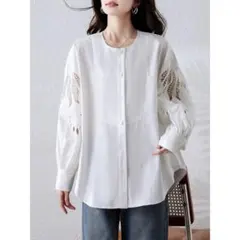 ラウンドネック ブラウス 透かし編み 着痩せ 通勤 おしゃれ度高め 無地