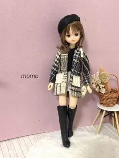 22cmドール服 チェック柄ノーカラーコート♡ベレー帽セット