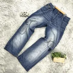 PHAT FARM｜ハイウエスト刺繍デニム・ダメージ｜ネイビー｜W36のサムネイル