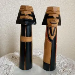 ニポポ人形風 木彫りオブジェ 2体 ペアセット アイヌ 民芸彫刻