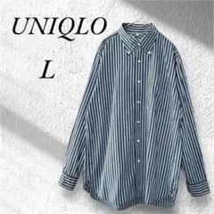 ユニクロ ボタンダウン 長袖シャツ ストライプ マルチカラー 綿 青系 L