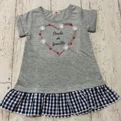 新品未使用品　90サイズチュニック半袖Tシャツ　ハート花ギンガムチェック