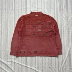 レトロ デザインニット 赤系 幾何学柄 モックネック レディース M〜L相当