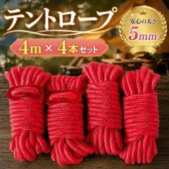 テントロープ 5mm×4m 4本 レッド 反射材 自在金具付きのサムネイル