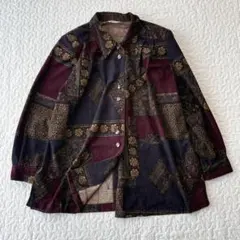 総柄シャツジャケット ペイズリー ネイビー ボルドー レトロ ヴィンテージ風