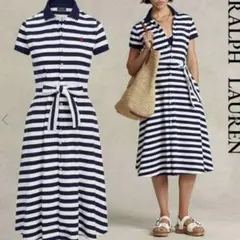 Poloralphlauren ネイビー×白ボーダーロングドレス　リボン付き S