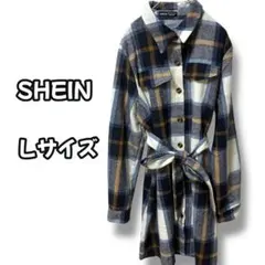 N0684　チェックシャツワンピース　ウエストリボン　長袖　ネイビー　L