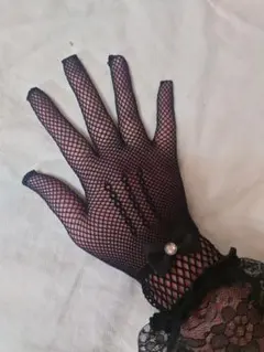 ブラック ネット手袋 レースフリル付き リボン
