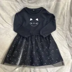 猫顔プリント ブラック ワンピース 130