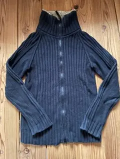 襟ボアジップカーディガン 秋冬 濃紺Lサイズ